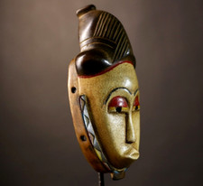 African Wooden Mask Hand Carved Elongated Face Painted Tribal Wall Art-G5100 picture