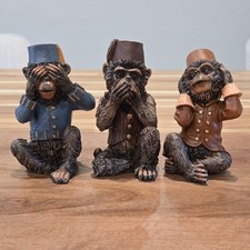Three Wise Monkeys Figurine Set of 3 Painted Resin Brown/Blue See Hear Speak picture