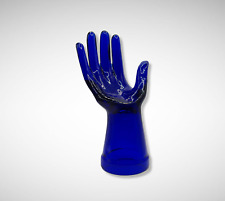 COBALT BLUE DEPRESSION STYLE GLASS HAND JEWELRY RING HOLDER, Vintage Jewelry Box picture