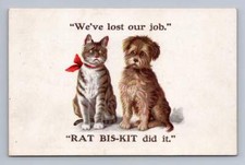 Cat & Dog "Lost Our Job" Antique RAT Biskit Pesticide Advertising Postcard 1900s picture