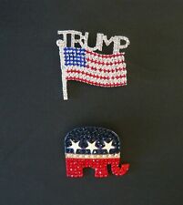 2 Large Sparkling Rhinestone Trump Pins--Trump USA Flag Pin and GOP Elephant Pin picture