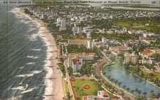 Miami Beach FL - Air View of Ocean Front Hotels & Lake Pancoast - Linen c1945 picture