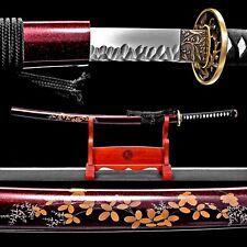 Damascus Folded Steel Dark Red Katana Leaves Japanese Samurai Sharp Sword Brass picture