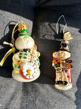 2 Christmas Glass Ornaments Small 2” Unique Snowman Scrooge picture