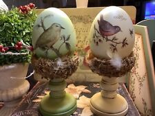 (2) Large Bird Eggs On Nest/Pedestals~w/Moss/Feathers/Bird Designs~Both Unique~ picture