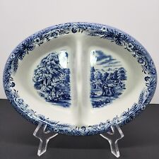 Vtg Churchill Harvest Blue Divided Dish Currier & Ives England Pristine Conditio picture