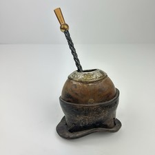 Vintage Argentinian Yerba Mate Gourd & Alpaca Silver Bombilla 18K Gold Rim Straw picture