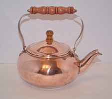 Vintage Copper Tea Kettle Wood Handle Gooseneck Spout Farmhouse Kitchen Decor picture