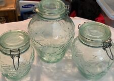 Vintage Hermetic Green Tinted Lantern Style  Blown Glass Canister Jar Set picture
