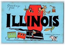 Greetings From Illinois IL, Train Animal Humor Scene Vintage Unposted Postcard picture