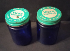 LOT of 2 Vintage Cobalt Blue Glass Vicks VapoRub Jars w/ Green Metal Lids picture