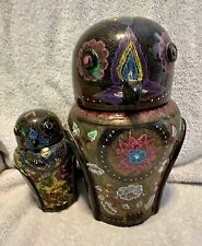 Two Thailand Black Lacquer Hand Painted Colorful Owl Boxes Lidded Figurines VTG picture