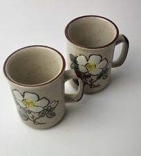 Vintage Pair Otigiri Japan Stoneware Coffee Mugs  Speckled White Floral Flowers picture