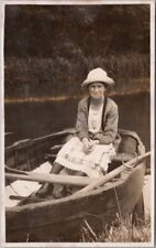 1924 RPPC Real Photo Postcard Young Woman in Row Boat 