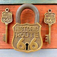 Historic Route 66 Brass Lock & 2 Keys, Embossed Lettering, Antique Finish picture