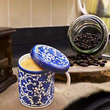 Apexglobal Blue Pottery Cup with Lid. Handcrafted Ceramic Flower Tea/Coffee Mug. picture