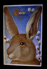 CUTE~BIG BROWN BUNNY RABBIT w/ PUSSY WILLOW~FLOWERS~Vintage~EASTER POSTCARD~h555 picture