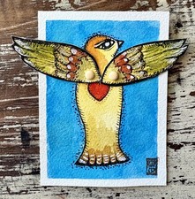 Original ACEO Little Bird movable wings 2.5" x 3.5" Hand Painted Signed picture