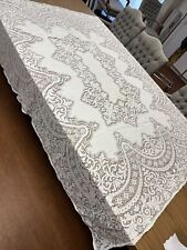 Vintage 1950s Crochet Lace Tablecloth Cover Beige Open Work Handmade 66x74 picture