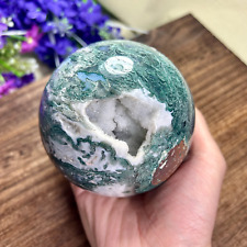 1170g 94mm Natural Druzy Moss Agate Sphere Crystal Ball Display Healing 3th picture