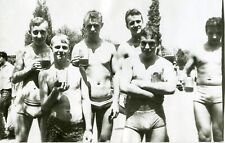 Shirtless Handsome young men drink beer bulge beach trunks gay vtg photo picture