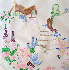Gorgeous VINTAGE Tablecloth COUNTRY COTTAGE Hand Embroidered GARDEN Floral picture