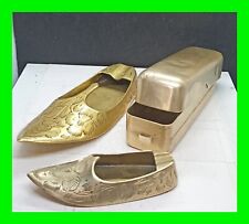 2x Vintage Etched Brass Genie Shoes & A Small Brass Box ~ Ashtray Incense Burner picture