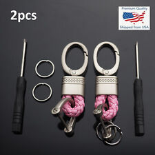 2pcs Pink & Matte Silver Woven Leather Fob D-Ring Keychain Key Ring Holder Clip picture