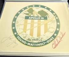 🚀 Rare Investment Piece: Apollo 16 Triple-Signed Mission Patch Lithograph picture