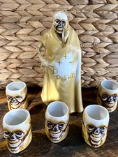 Vintage Shofu Grim Reaper Poison Sake Decanter Porcelain  Japan W/ 5 Skull Cups picture