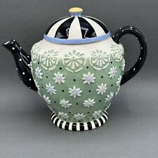 ME Mary Engelbreit Teapot Collectors Vintage Daisies Green EUC Stripes Dots 6.25 picture