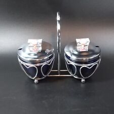 Cobalt Blue Glass Condiment Set Chromium Plated Heart Holder 2 Containers w Lids picture