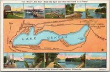 Vintage 1930s LAKE GENEVA Wisconsin Multi-View Postcard 10 Views / Road Map picture