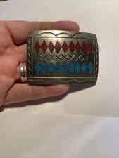 NAVAJO TURQUOISE CORAL BUCKLE SIGNED AJ VINTAGE 70S NATIVE AMERICAN Belt Buckle picture