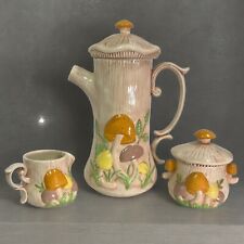 Vintage Arnel's Mushroom Pattern Coffee /Tea Pot W/ Lid, Sugar Bowl & Creamer picture