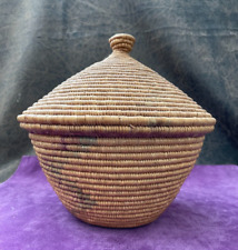 HAND-WOVEN LIDDED BASKET-TRIBAL ETHNIC PATTERN-TIGHT COIL WEAVING-VERY GOOD COND picture