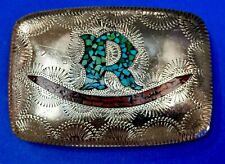 Turquoise & Coral Inlaid Native American Belt Buckle SSH Custom Initial Letter R picture