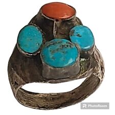 Old NAVAJO Mediterranean CORAL Ithaca Peak Turquoise STERLING SILVER RINGsz10 picture