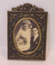 Antique 1920's Wedding Photo Italian Metal Frame Bride & Groom Period Headpiece picture