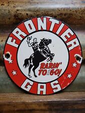 VINTAGE FRONTIER PORCELAIN SIGN RARIN TO GO RODEO ADVERTISING HORSE GASOLINE 6