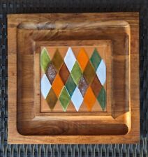 Vintage Wood & Tile Cheese Board Ernest Sohn Brown Orange Green Charcuterie MCM picture
