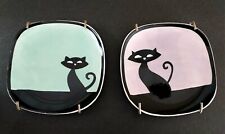 Pr 2 Hues N Brews Black Cat Kitty Trinket Dish Plate Wall Art Ceramic Pink Green picture
