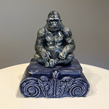 Concrete Sealed Gorilla Figurine Sculpture on Decorative Base, Gray/Black Finish picture