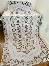 Vintage XL Linen Banquet Tablecloth w/Embroidery & Cutwork  YY849 picture