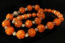 VINTAGE DECO CARVED BUTTERSCOTCH BAKELITE BEADS DIAMOND RHINESTONE NECKLACE  BR picture
