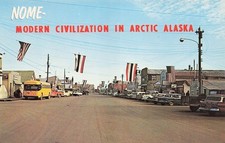 Nome AK Alaska Main Street US Flag Patriotic Arctic Circle Vtg Postcard J60 picture