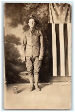 1918 WWI US Army Soldier Studio Portrait Flag Ashby NE RPPC Photo Postcard picture