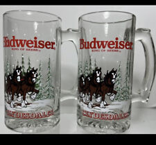 Lot of 2 Budweiser Clydesdales Clear Glass 12 oz Christmas Beer Mug 1992 Vintage picture