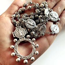 Vintage Silver Rose Beads Catholic St. Benedict Rosary Necklace Cross Gift picture
