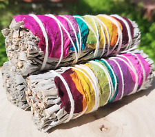 3 Pack 7 Chakra White Sage Smudge Bundles Sticks Wrapped With Rose Petals picture